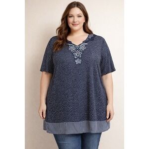 Ulla Popken 20/22 Embroidered Floral Boho Tunic Blue Top Plus Resort Career